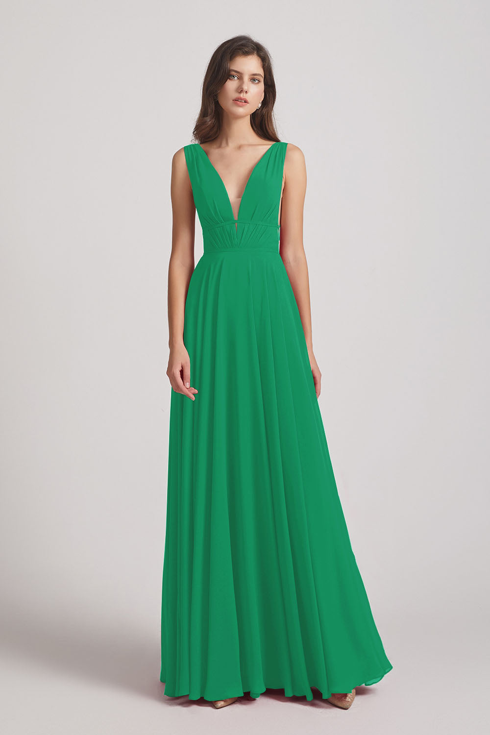 Alfa Bridal Shamrock Green Wide Straps Double V-Neck Crinkle Chiffon Bridesmaid Dresses (AF0092)