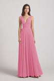 Alfa Bridal Skin Pink Wide Straps Double V-Neck Crinkle Chiffon Bridesmaid Dresses (AF0092)