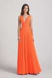 Alfa Bridal Tangerine Tango Wide Straps Double V-Neck Crinkle Chiffon Bridesmaid Dresses (AF0092)