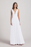 Alfa Bridal White Wide Straps Double V-Neck Crinkle Chiffon Bridesmaid Dresses (AF0092)