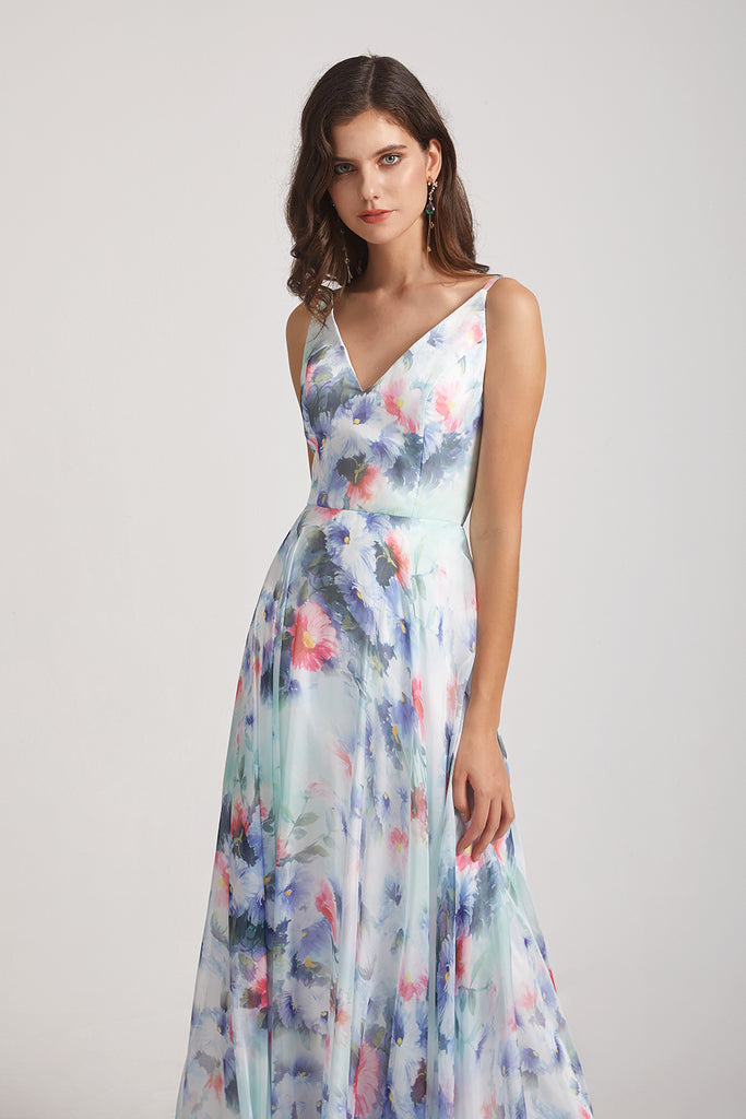 Chiffon Blue Flower Print Bridesmaid Dresses (AF0126) – AlfaBridal