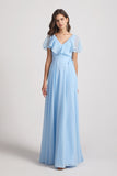 a-line blue long chiffon bridesmaid gowns