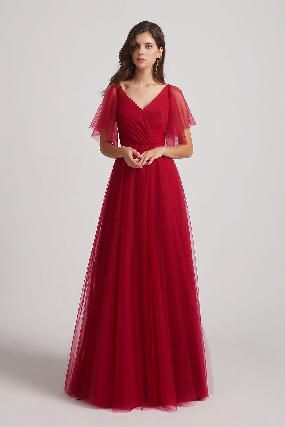 flutter sleeve tulle bridesmaid gown
