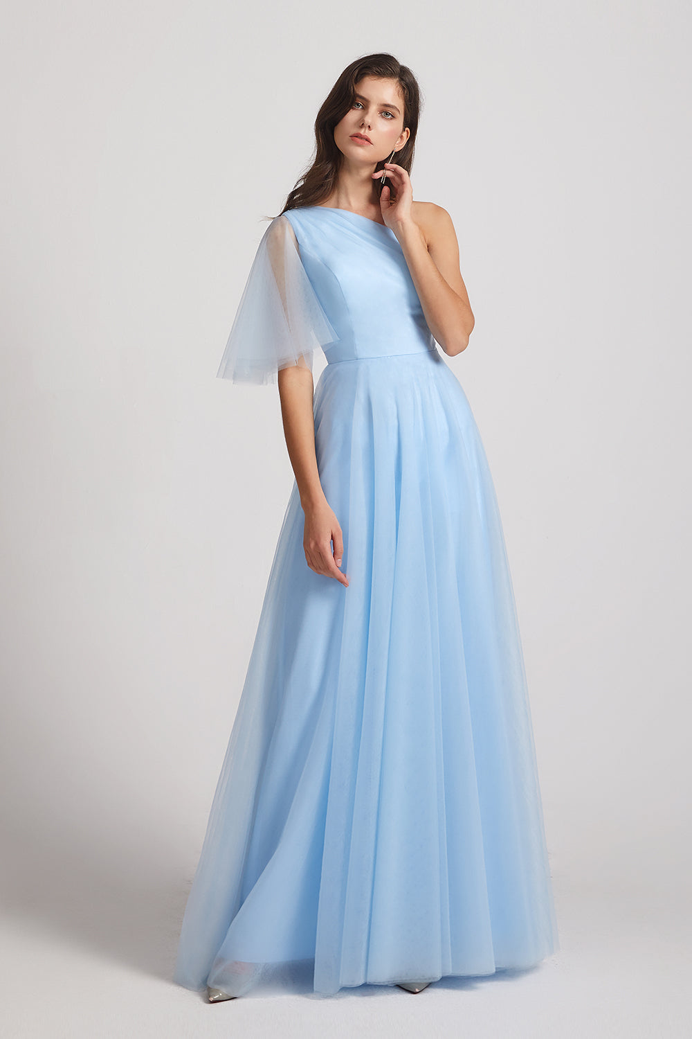 flutter sleeve tulle blue bridesmaid gown