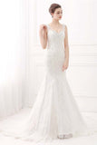 Alfa Bridal Ivory Wide Straps Mermaid V-neck Lace Wedding Dresses (AW007)