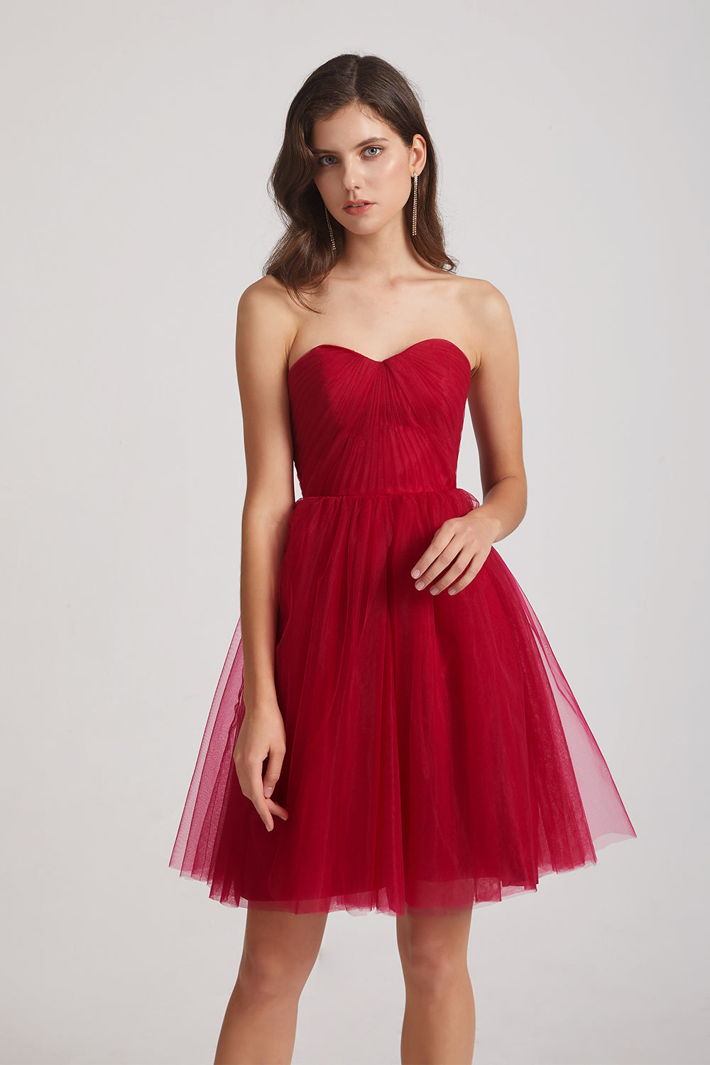 morden dark red short tulle bridesmaid dress
