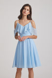 Cold Shoulder Flounce Blue Chiffon Short Bridesmaid Dresses (AF0077)
