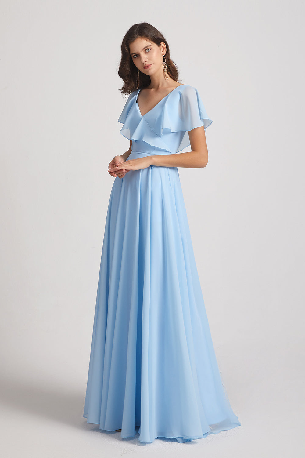 pleated long blue chiffon dress