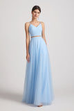 Two Pieces V-Neck Spaghetti Straps Tulle Long Bridesmaid Dresses (AF0182)