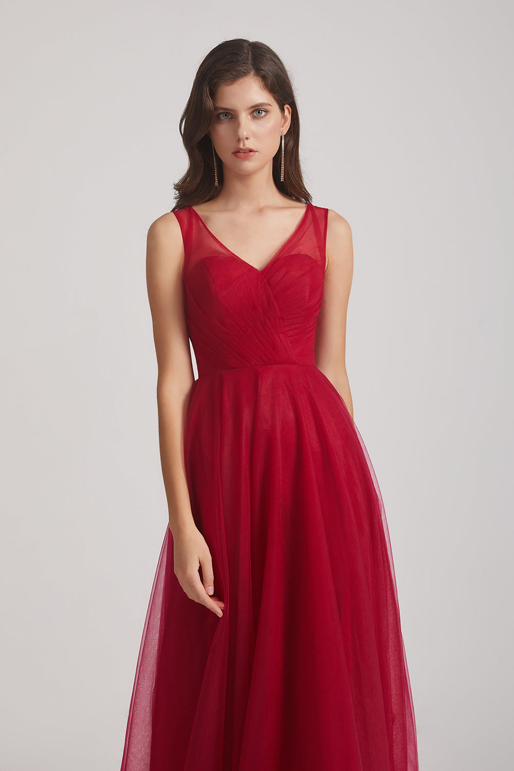 dark red tulle maids of honor dresses