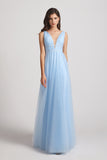 a-line blue long bridesmaid gowns