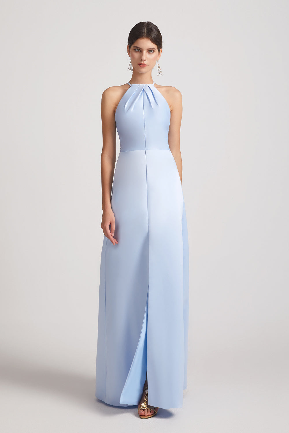 light blue satin sleek floor length dresses