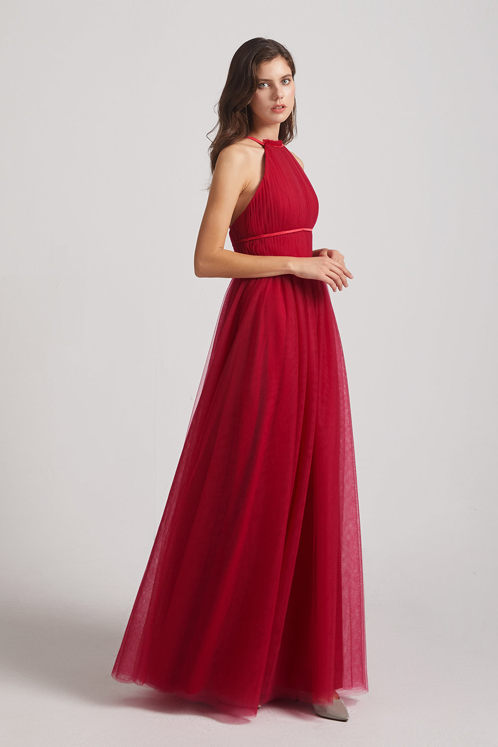red long tulle a-line bridesmaids dresses