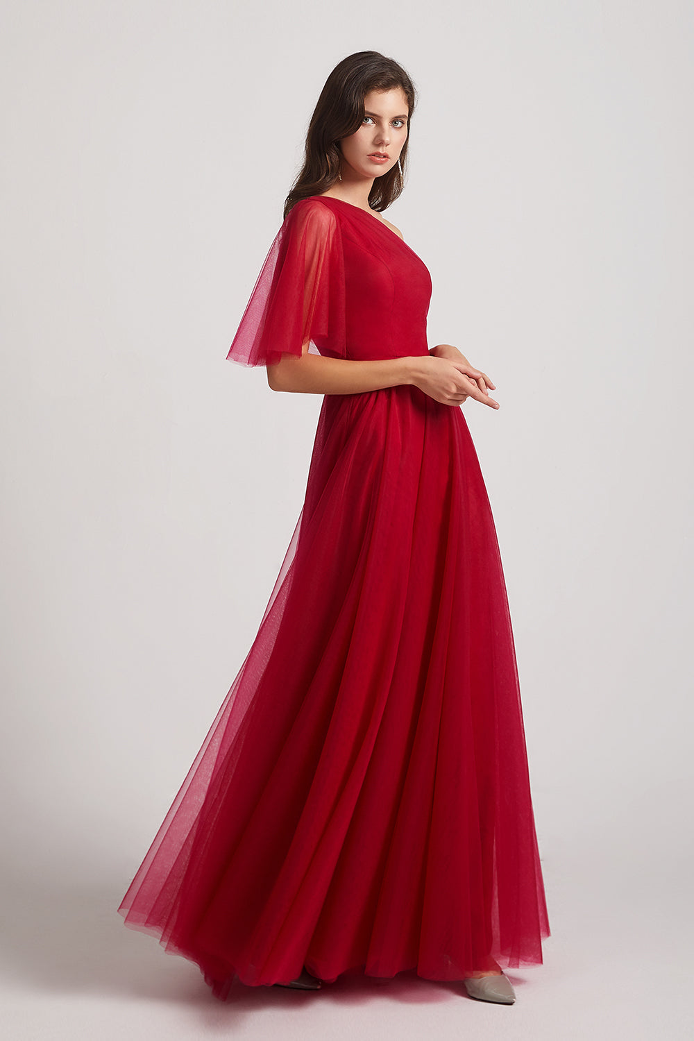 red tulle long bridesmaids dresses