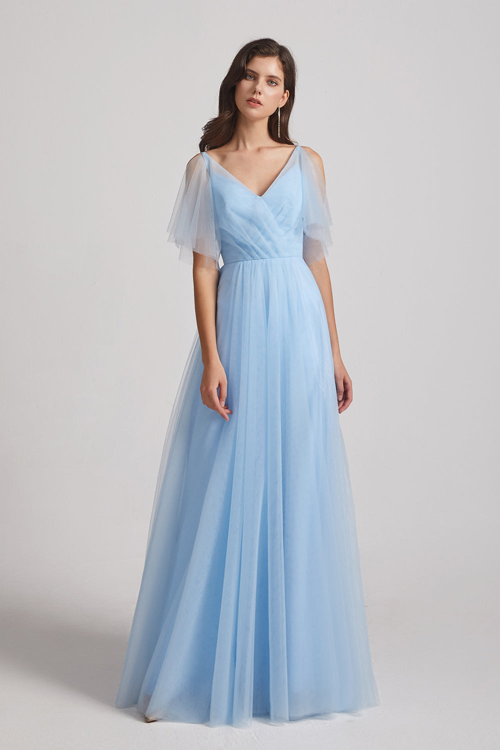 blue tulle a-line maxi bridesmaid gown