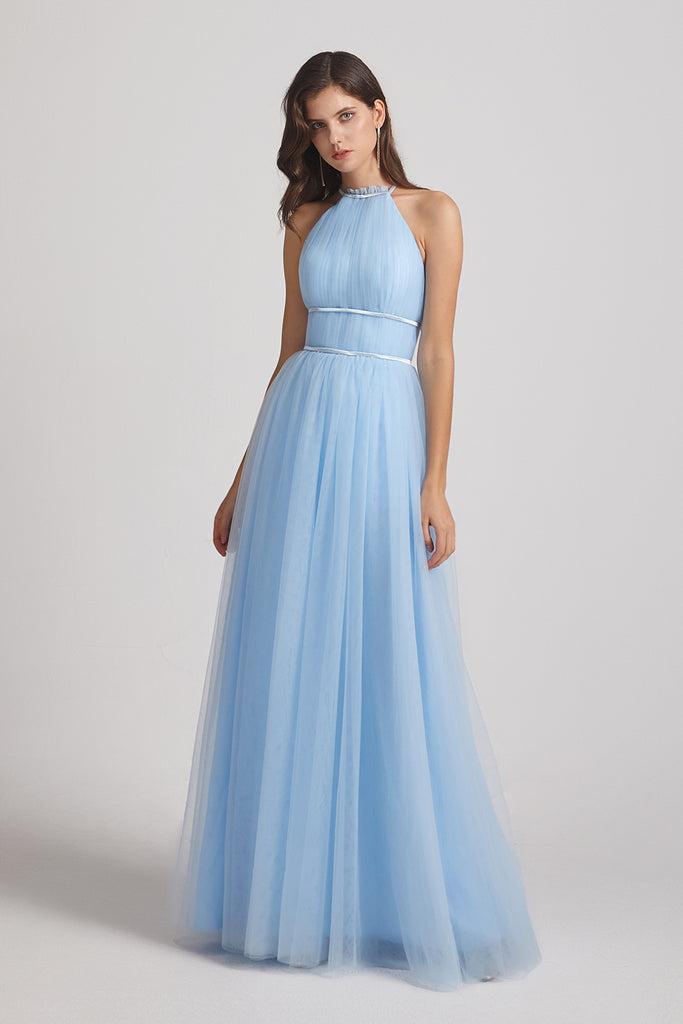 Halter Ruched Crisscross Tulle Blue Bridesmaid Dresses (AF0034 ...