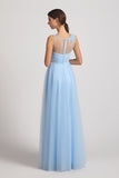 illusion back sleeveless blue bridesmaid dresses