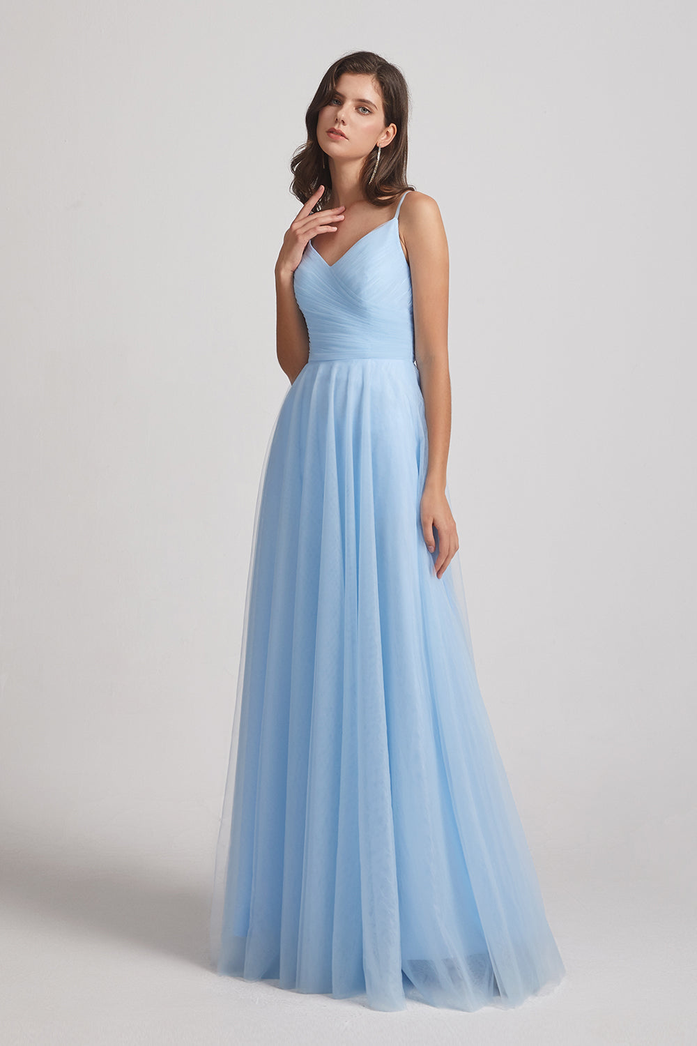 spaghetti straps long tulle bridesmaid gown