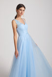 applique sky blue tulle maid of honor dresses