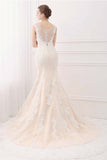 sheer back ivory lace champagne wedding gown