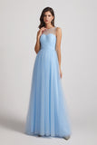 Sleeveless Ruched Tulle Light Blue Jewel Illusion Bridesmaid Dresses (AF0072)