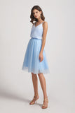 sky blue short bridesmaid dress