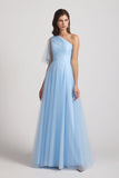 blue tulle a-line dress for bridesmaid