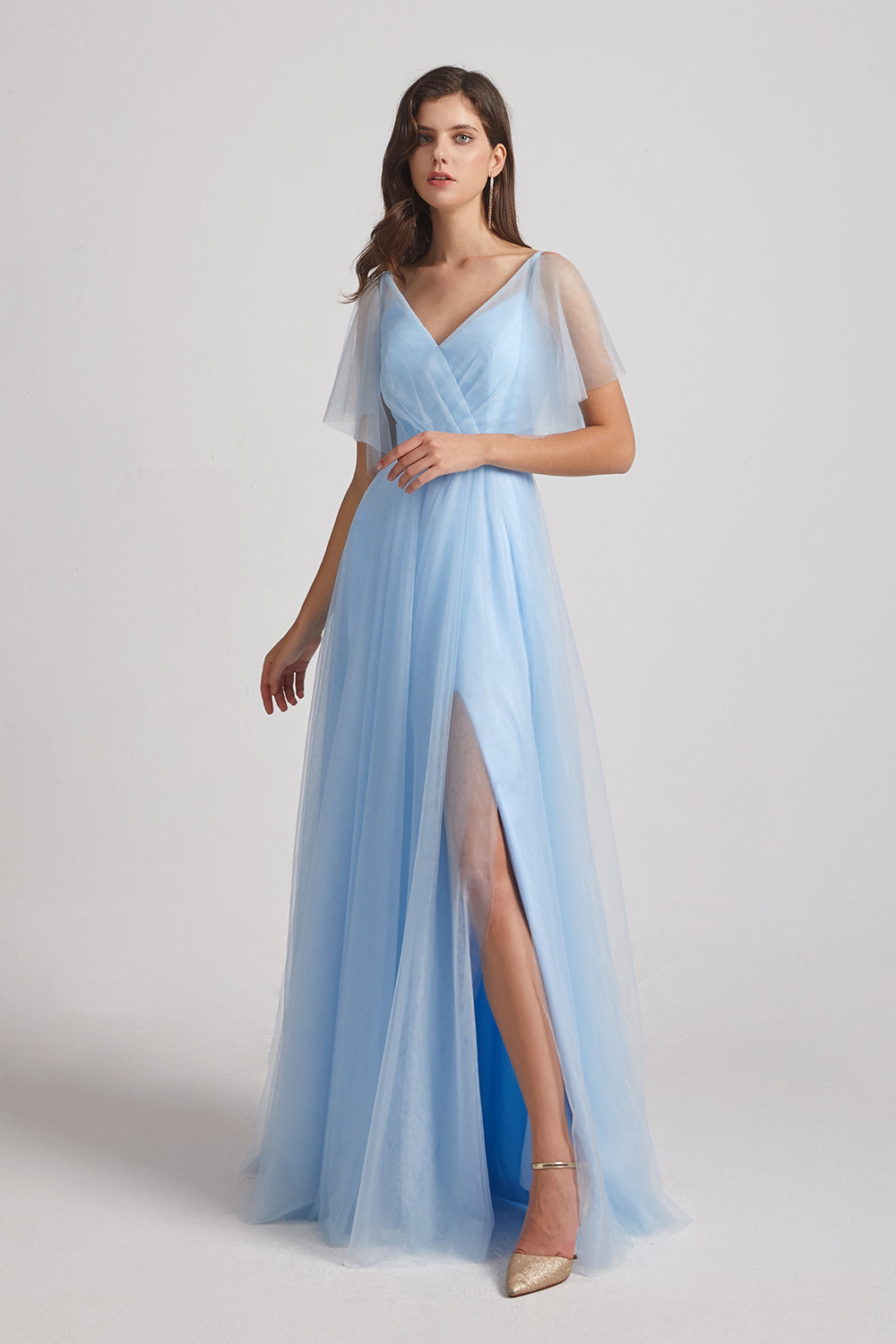 blue split long maids of honor dresses