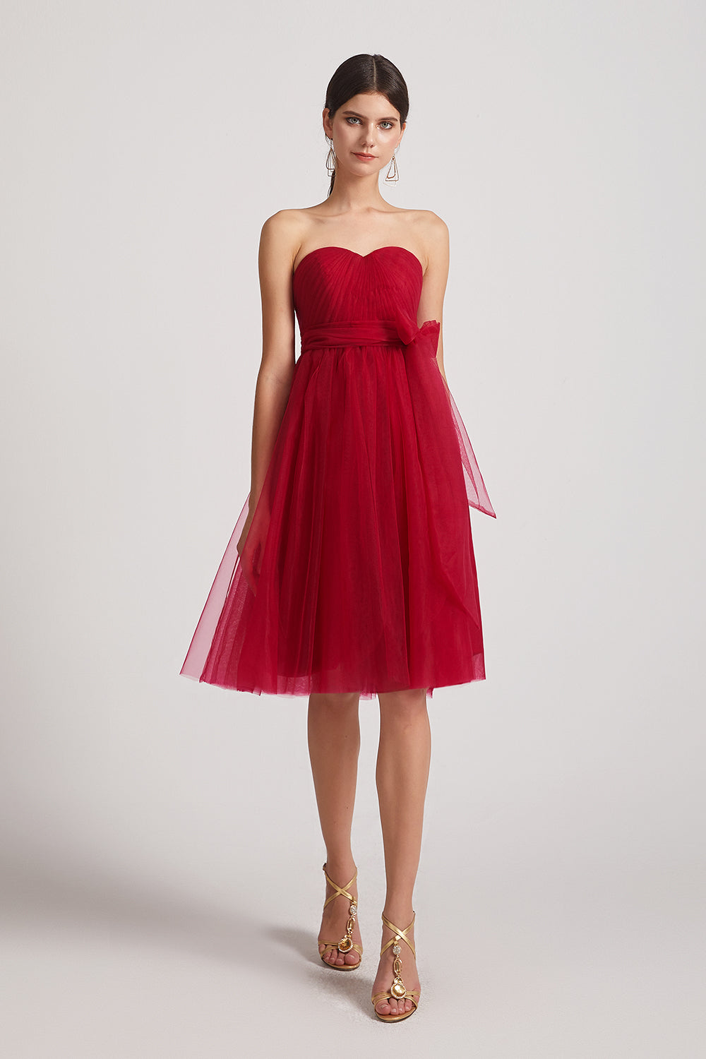 red pleated short bridesmaids dresses