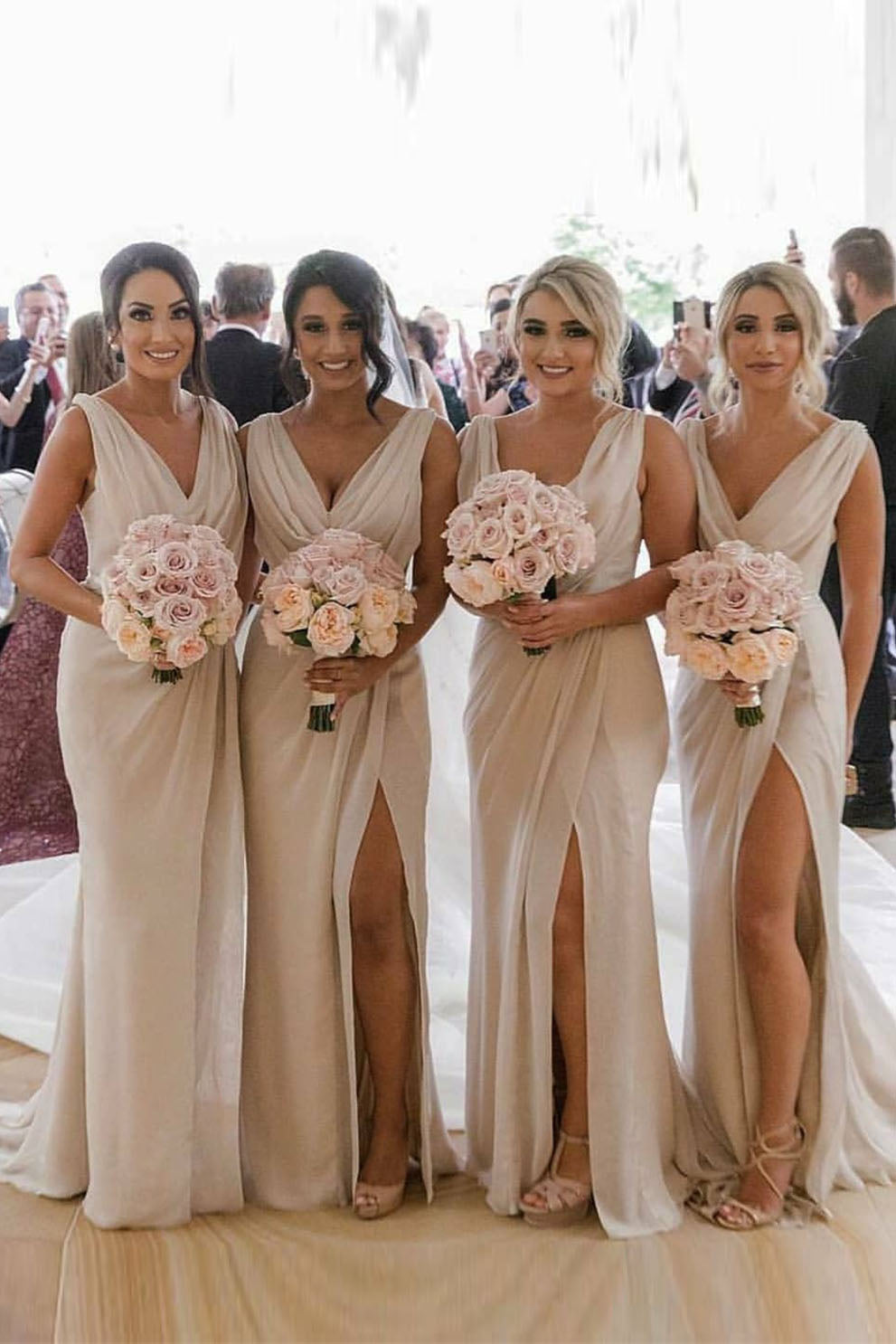 Alfa Bridal Sexy Long Chiffon Champagne Bridesmaid Dresses with High Slit and Front Ruffles (AF0375)