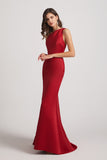 red sheath satin maxi bridesmaid gowns