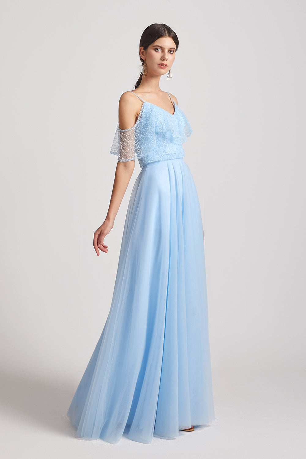 a-line blue sequin bridesmaid gown