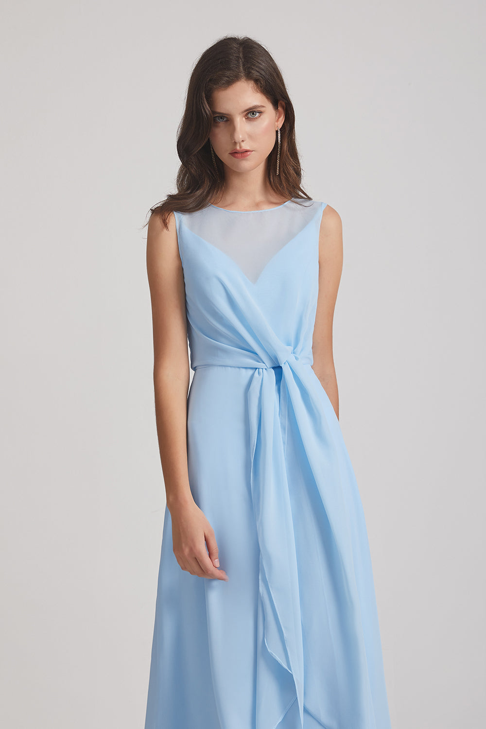 light blue sleeveless bridesmaids gown