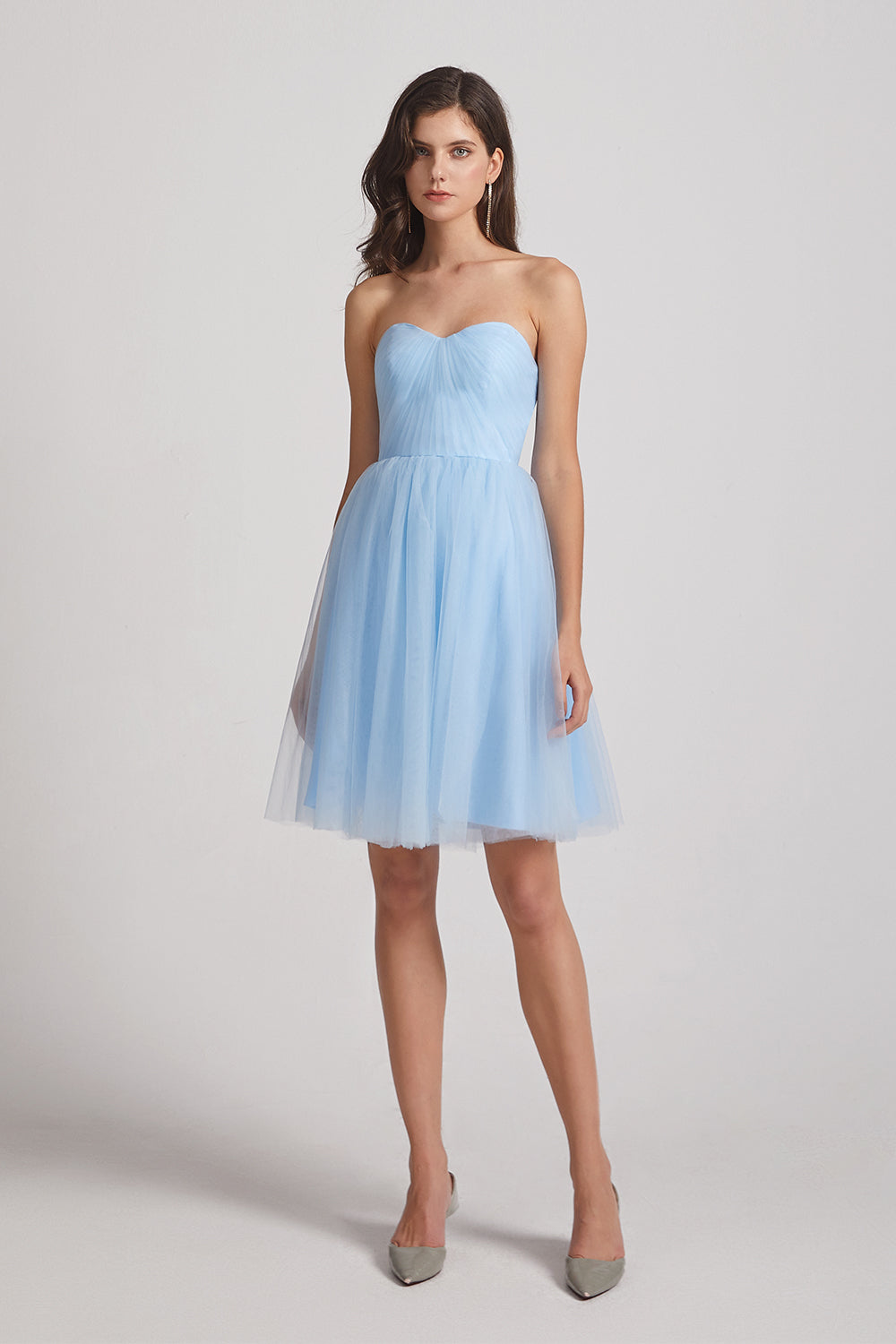 light blue strapless sweatheart tulle bridesmaids dress