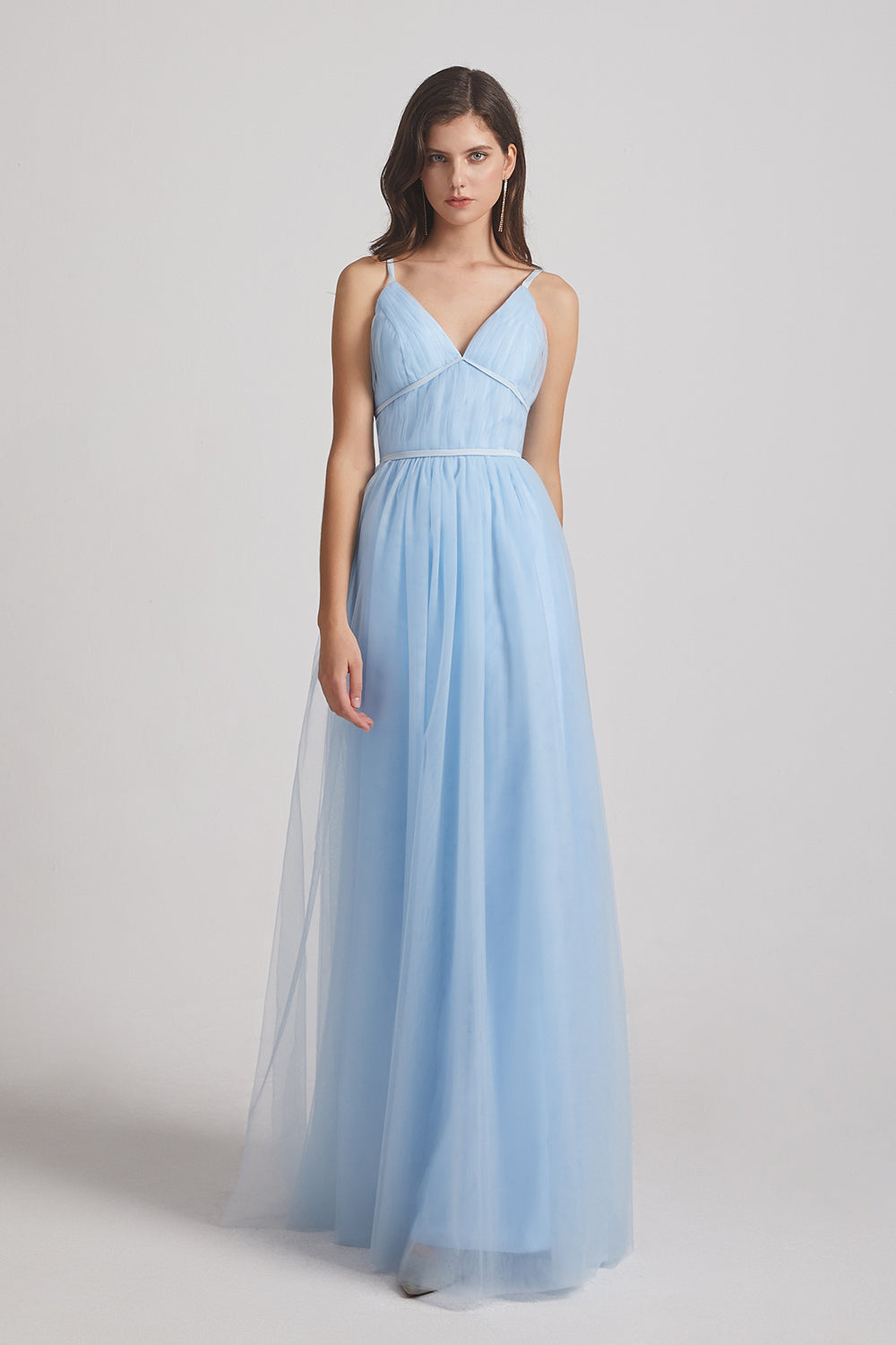 blue a-line tulle maid of honor dress