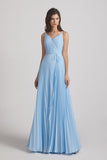 sleeveless ruched floor length blue bridesmaid dress