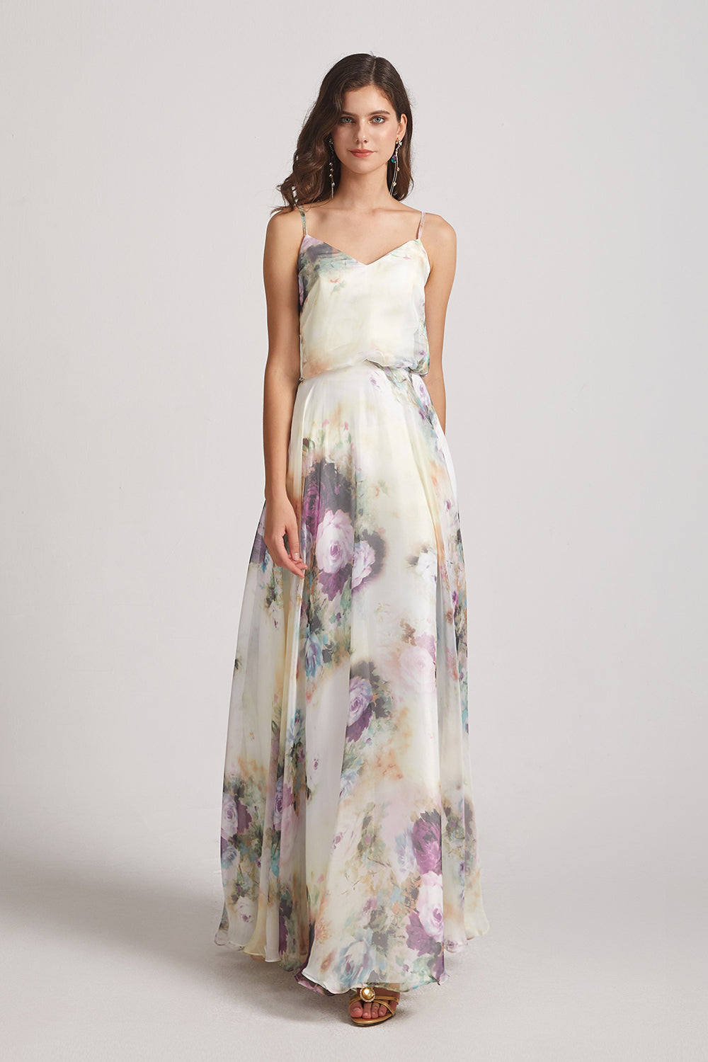 spaghetti straps v-neck floral bridesmaids gowns