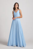 Ruched V-Neck Spaghetti Straps Sleeveless Blue Bridesmaid Dresses (AF0001)