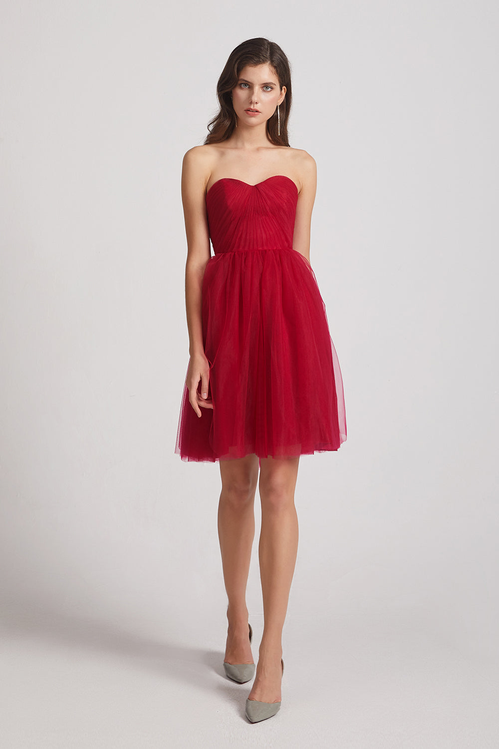 strapless sweetheart tulle short bridesmaid gown