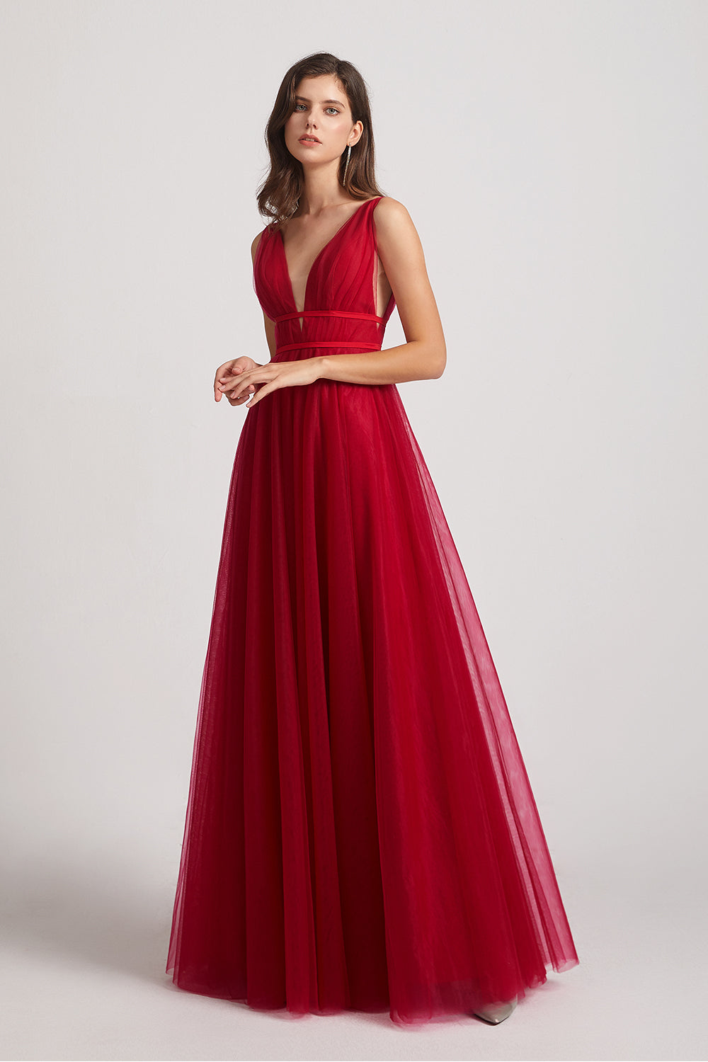 ruched a-line maxi red bridesmaids dress