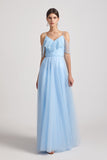 cold shoulder ruched blue bridesmaids gowns