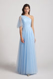one shoulder blue long bridesmaid gown