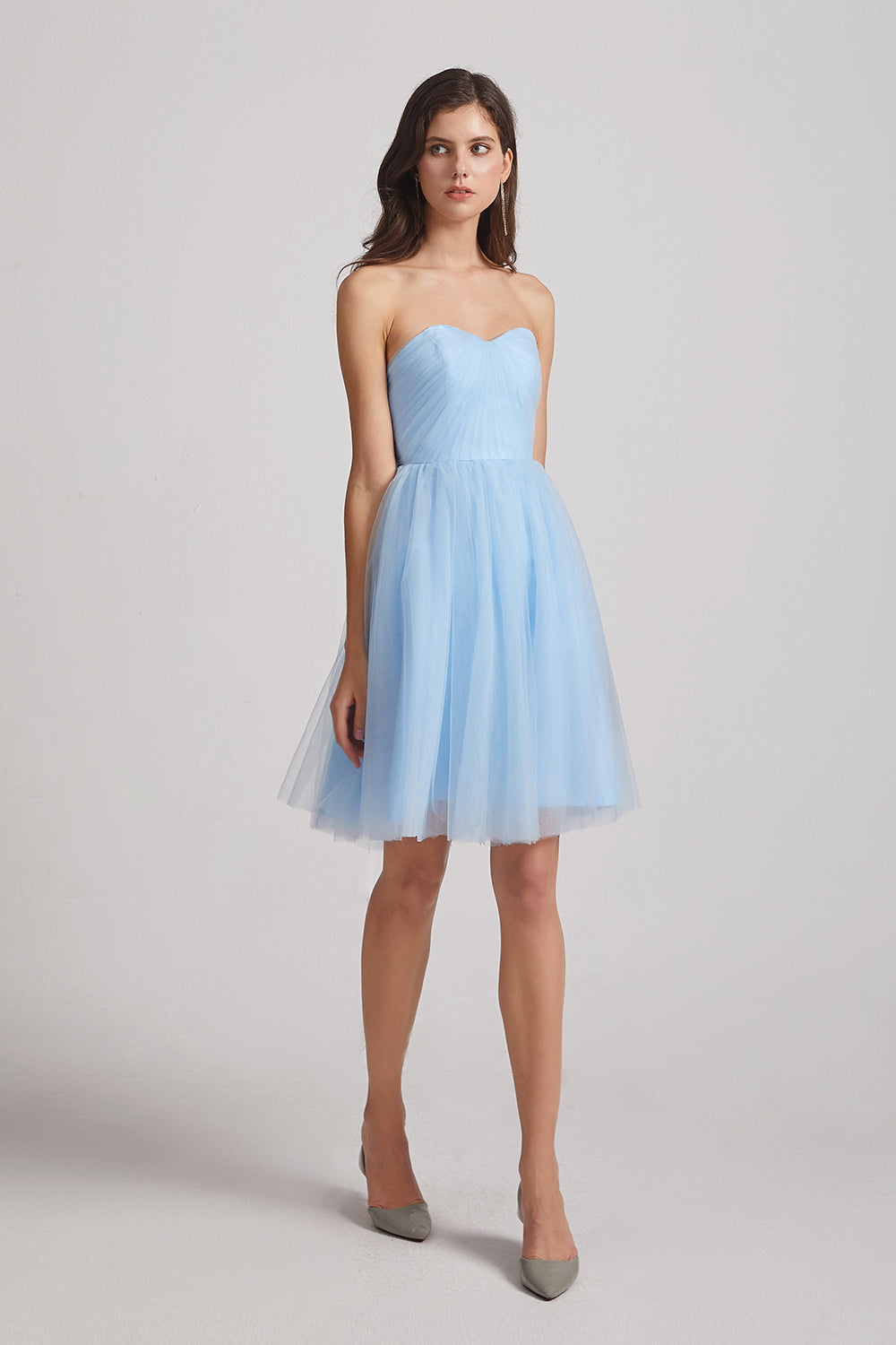 a-line blue tulle bridesmaid gown