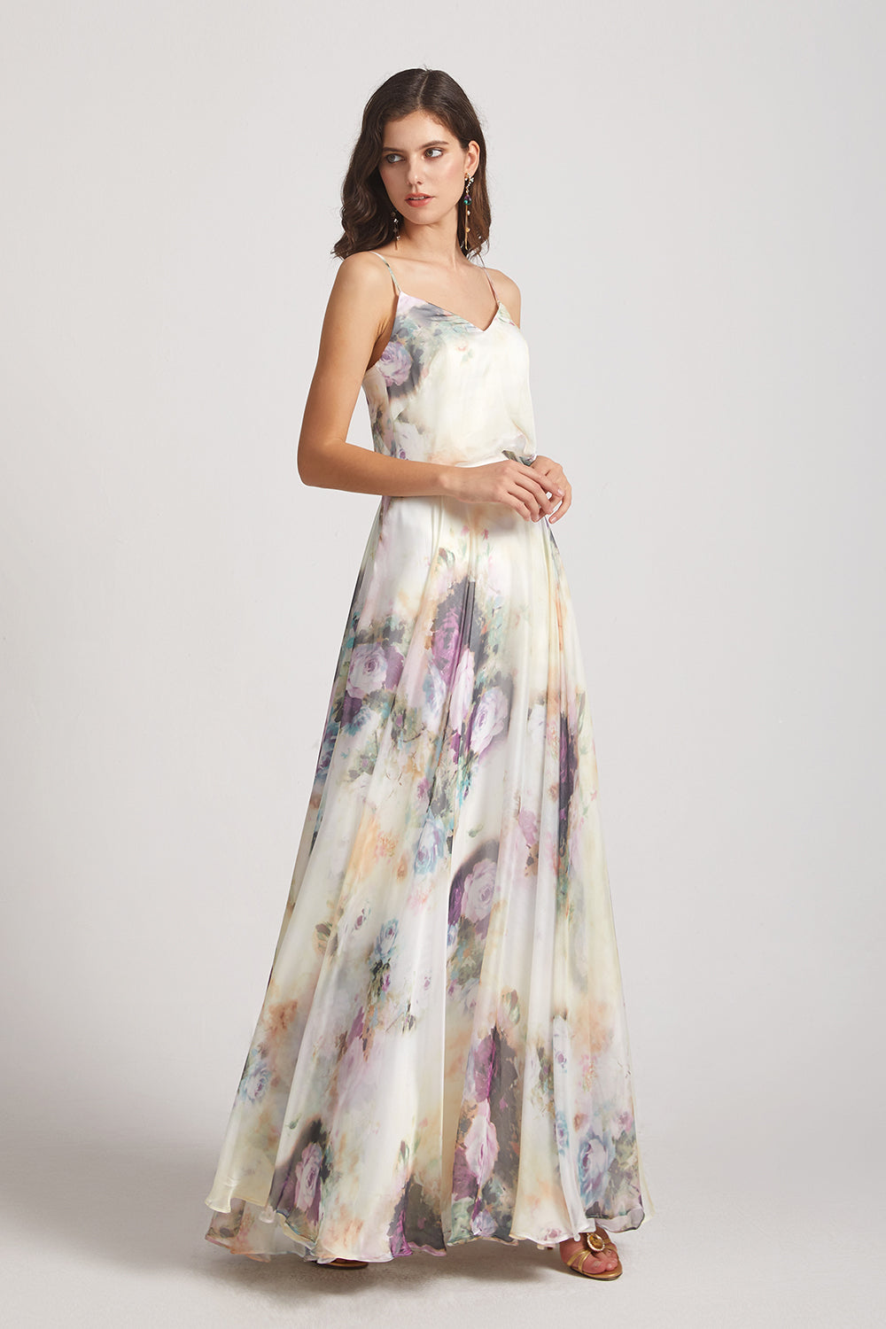 v-neck floral chiffon long bridesmaid gown