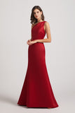 one shoulder red  long bridesmaid gown