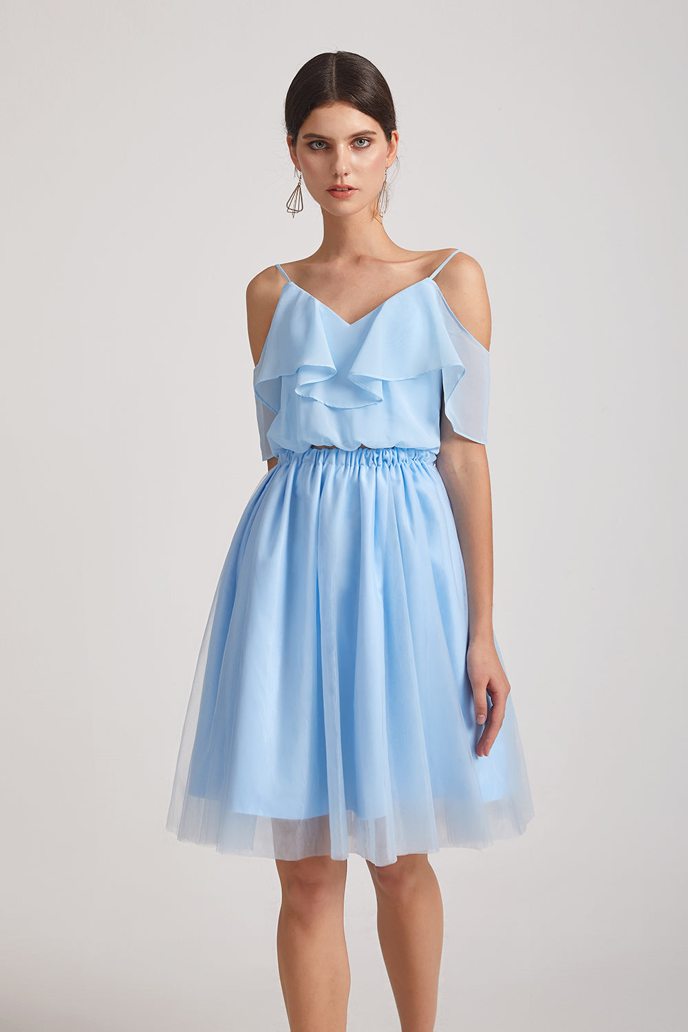 two pieces chiffon short sky blue maid of honor dresses