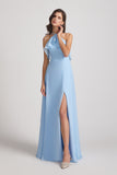 halter front slit long bridesmaid gown