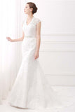 Alfa Bridal Ivory V-Neck Cap Sleeves Belt Mermaid Vintage Lace Wedding Dresses (AW004)