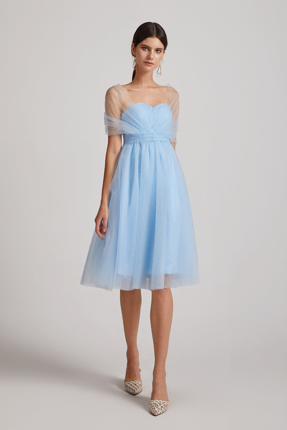 a-line blue short bridesmaid gowns