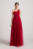 a-line red long tulle bridesmaid gowns